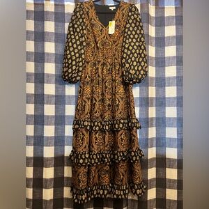 A Loves A Maxi Black and Gold Tiered Maxi Dress